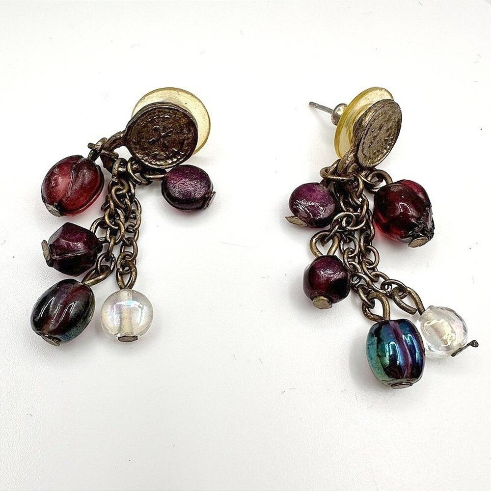 Vintage Grapes Dangle Earrings Iridescent Beaded Brass Tone Chain Jewelry Y2K